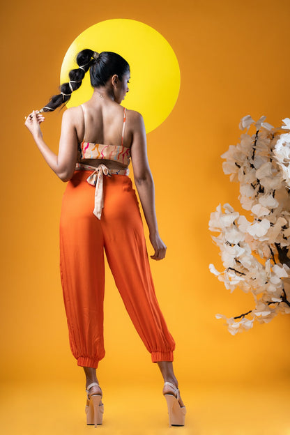 Cream Cross Wrap Top With Orange Front Cross Pleated Cuffed Pants - Khushboo Haran Borkar