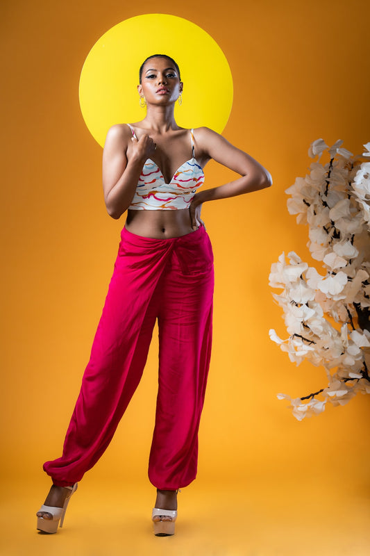 White Corset Cami Top And Magenta Front Cross Pleated Cuffed Pants - Khushboo Haran Borkar
