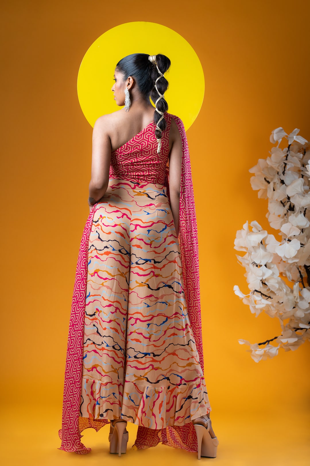 Geometric Print One Shoulder Ruched Top With High And Low Palazzo Pants - Khushboo Haran Borkar