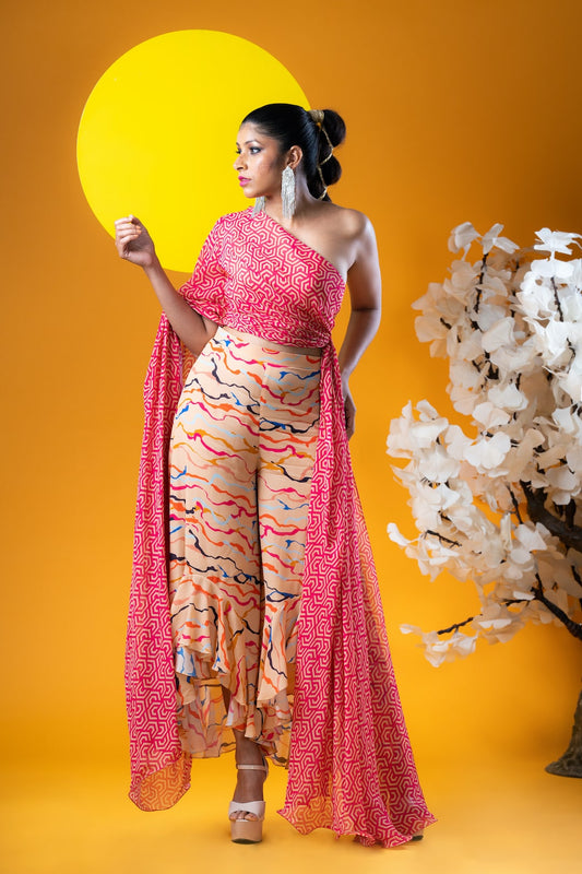 Geometric Print One Shoulder Ruched Top With High And Low Palazzo Pants - Khushboo Haran Borkar