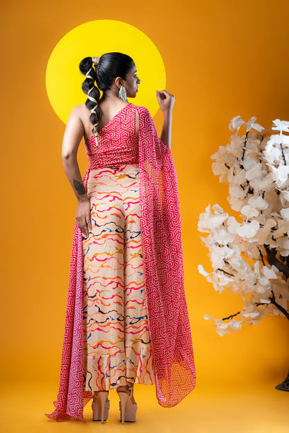 Geometric Print One Shoulder Ruched Top With High And Low Palazzo Pants - Khushboo Haran Borkar