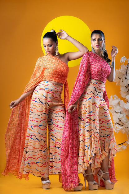 Geometric Print One Shoulder Ruched Top With Palazzo Pants - Khushboo Haran Borkar