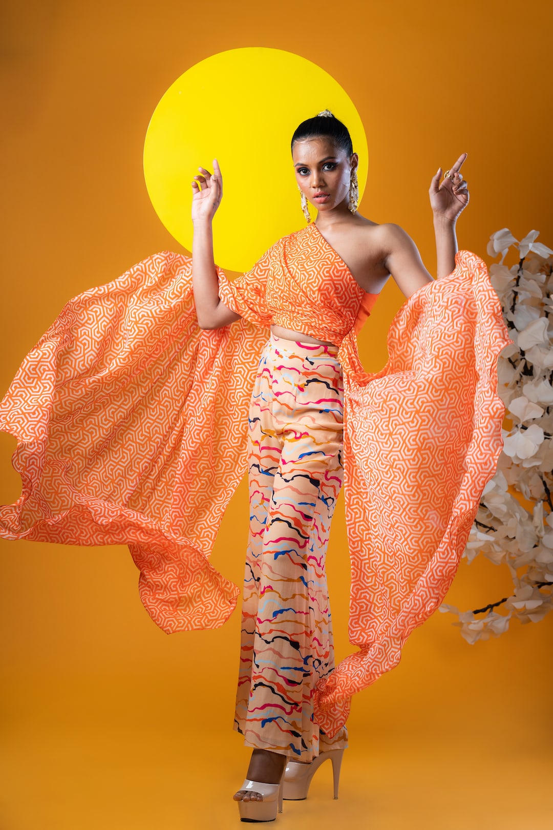 Geometric Print One Shoulder Ruched Top With Palazzo Pants - Khushboo Haran Borkar