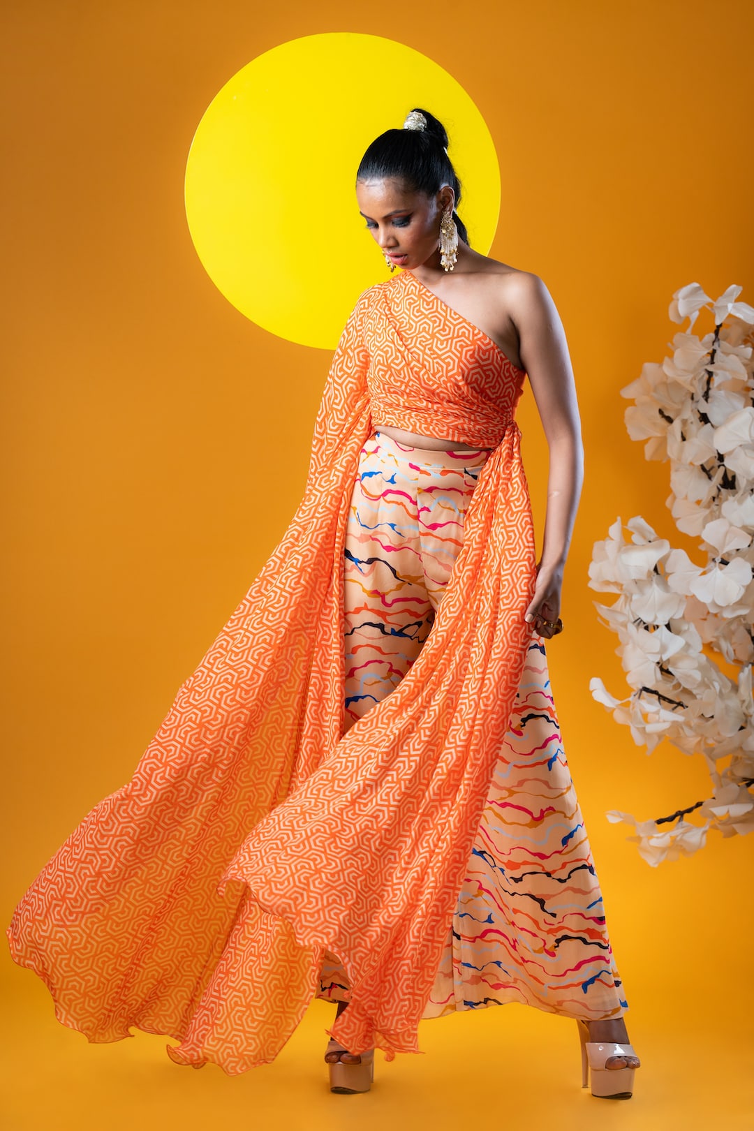 Geometric Print One Shoulder Ruched Top With Palazzo Pants - Khushboo Haran Borkar