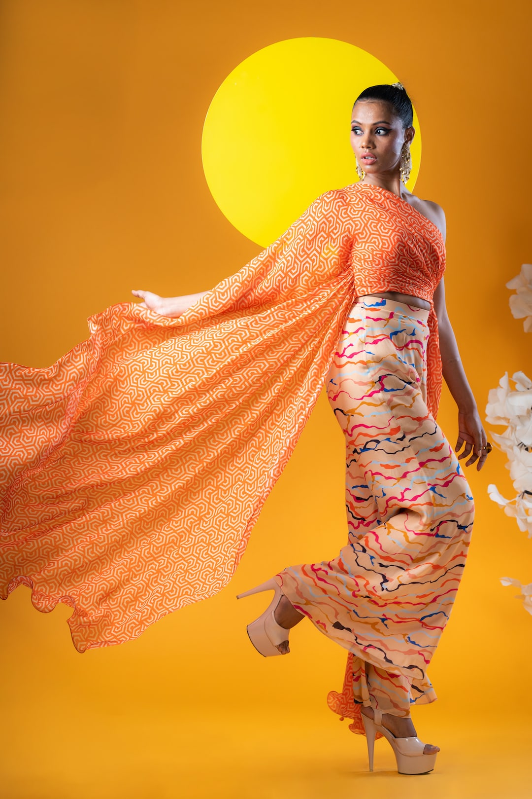 Geometric Print One Shoulder Ruched Top With Palazzo Pants - Khushboo Haran Borkar