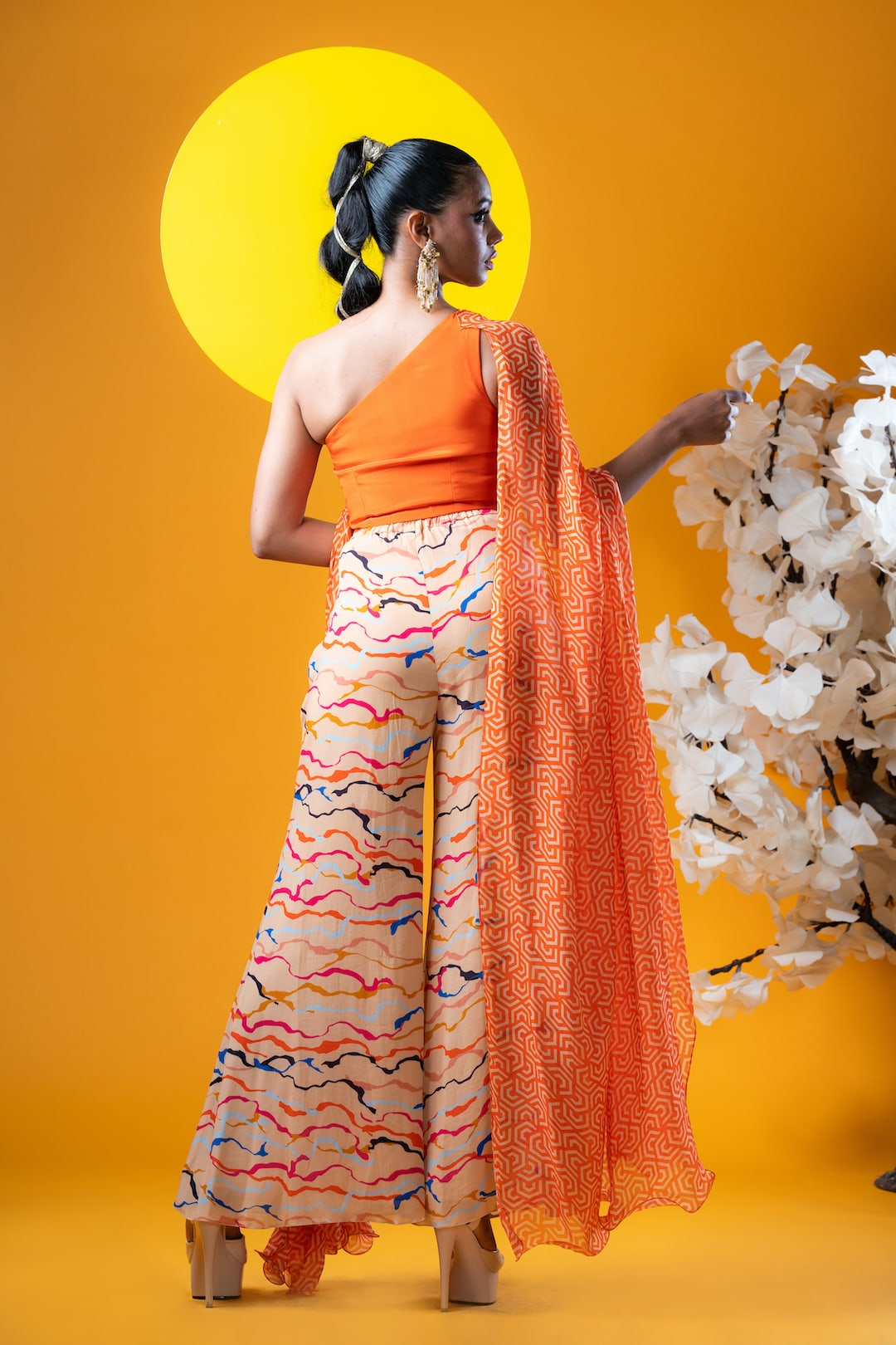 Geometric Print One Shoulder Ruched Top With Palazzo Pants - Khushboo Haran Borkar